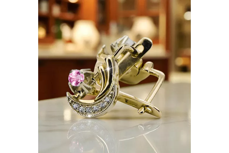 Gelb 14k Gold 585 Amethyst Ohrringe Vec093YW-am russischen sowjetischen UdSSR-Weinlesekunst-Deko-Stil