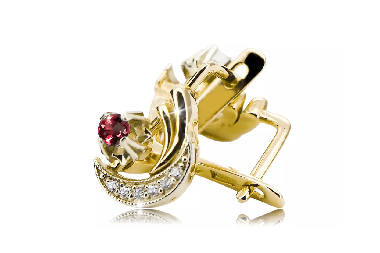 14 Karat Gelb Weißgold 585 Ruby Ohrringe Vec093YW-RB Russisch Sowjetischer UdSSR Vintage-Art-Art-Deco-Stil