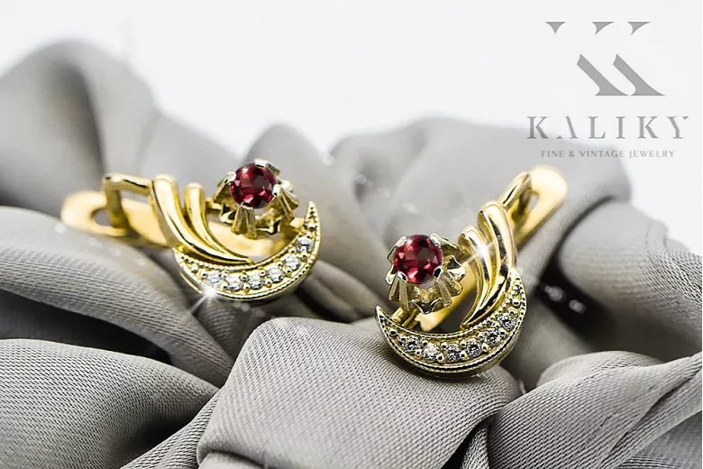 14k amarillo blanco oro 585 ruby pendientes VEC093YW-RB RUSO SOVIET USSS estilo vintage estilo arte deco