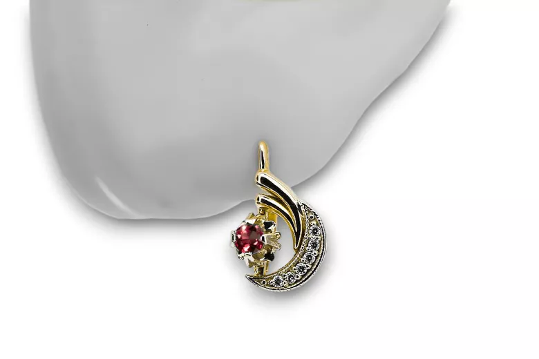 14k amarillo blanco oro 585 ruby pendientes VEC093YW-RB RUSO SOVIET USSS estilo vintage estilo arte deco
