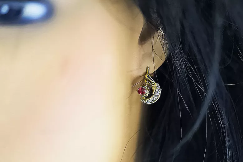 14k amarillo blanco oro 585 ruby pendientes VEC093YW-RB RUSO SOVIET USSS estilo vintage estilo arte deco