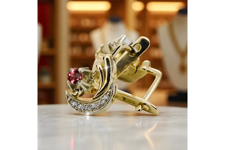 14K Gol galben alb 585 Cercei Ruby VEC093YW-RB Russ Sovietic Ussr stil de epocă stil art deco stil