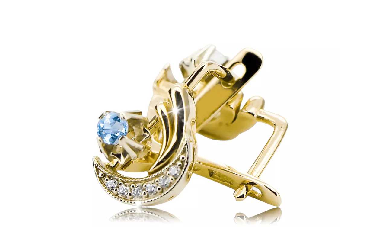 14K Amarillo blanco Oro 585 Pendientes de aguamarina VEC093YW-AQ RUSA SOVIET USSS Vintage Art Deco Style