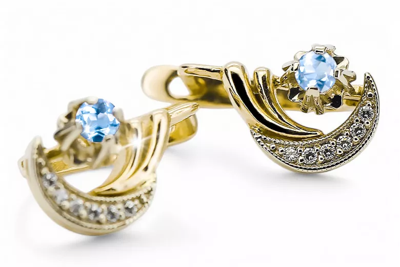 14k žltá biela zlato 585 Aquamarine náušnice VEC093YW-AQ Ruská sovietska USSR vintage Art Deco štýl