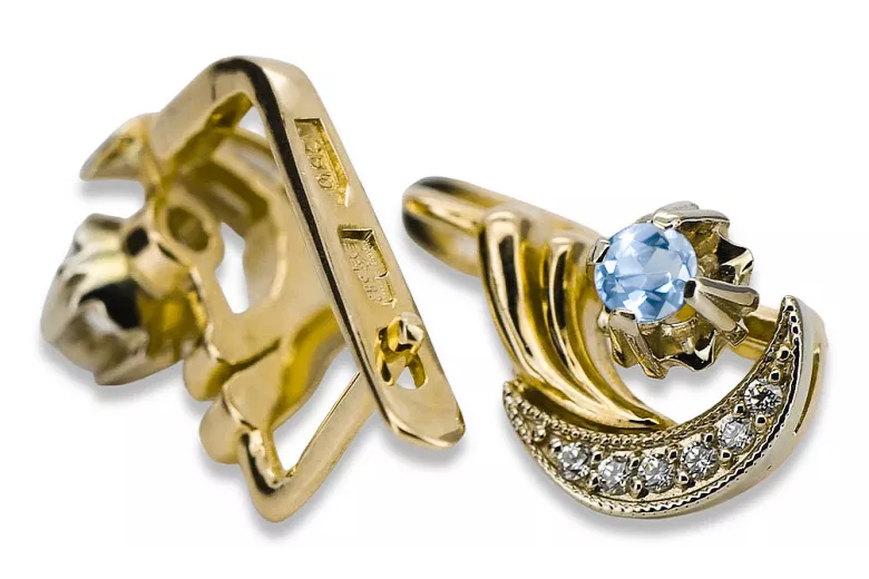 14K žluté bílé zlato 585 Aquamarine náušnice Vec093yw-aq Ruský sovětský SSSR Vintage Art Deco Style