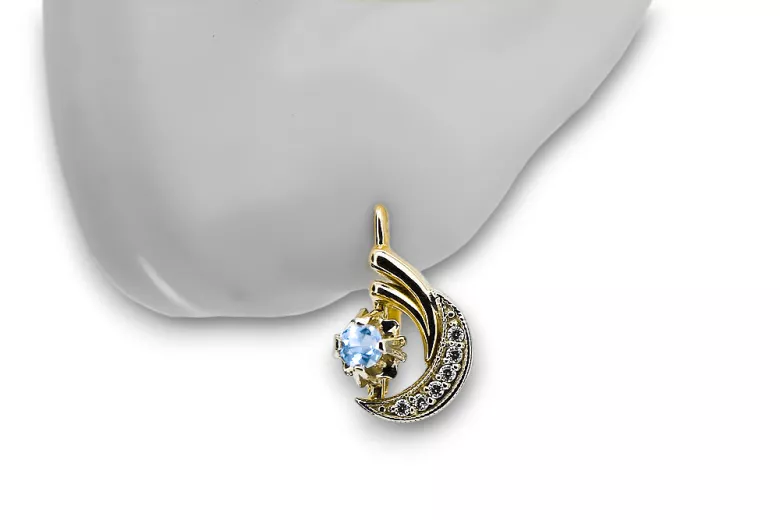 14K Amarillo blanco Oro 585 Pendientes de aguamarina VEC093YW-AQ RUSA SOVIET USSS Vintage Art Deco Style
