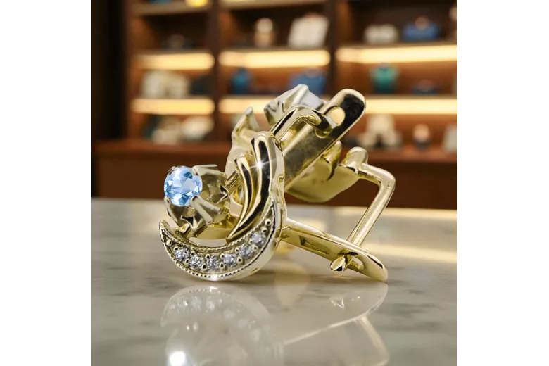 14 Karat Gelb Weißgold 585 Aquamarin Ohrringe Vec093YW-AQ Russischer Sowjetischer UdSSR-Weinlesekunst-Deko-Stil
