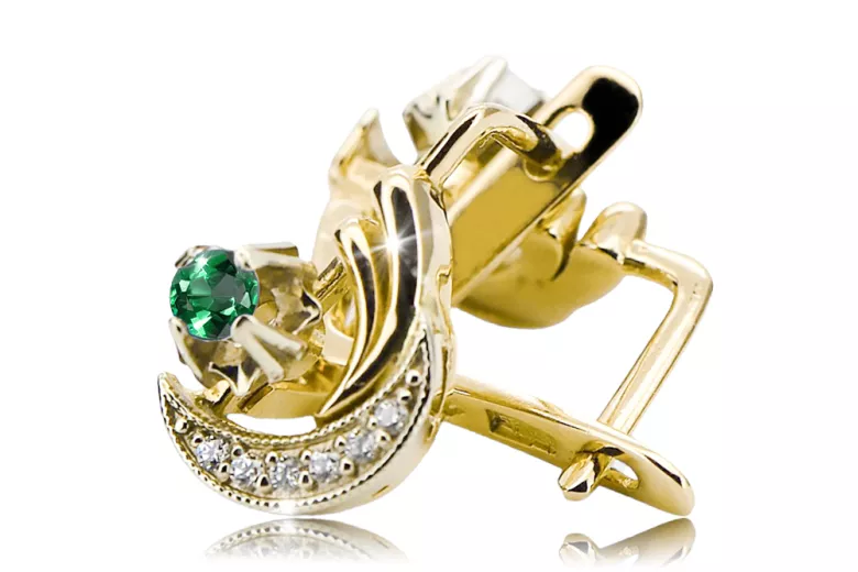14k žltá biela zlato 585 Emerald náušnice VEC093YW-EM RUSKU SOVIETSSR VNÚTNÍKA VINTAGE STYLE ART Deco štýl
