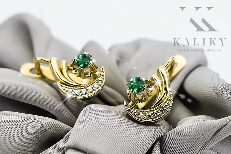 14k žltá biela zlato 585 Emerald náušnice VEC093YW-EM RUSKU SOVIETSSR VNÚTNÍKA VINTAGE STYLE ART Deco štýl
