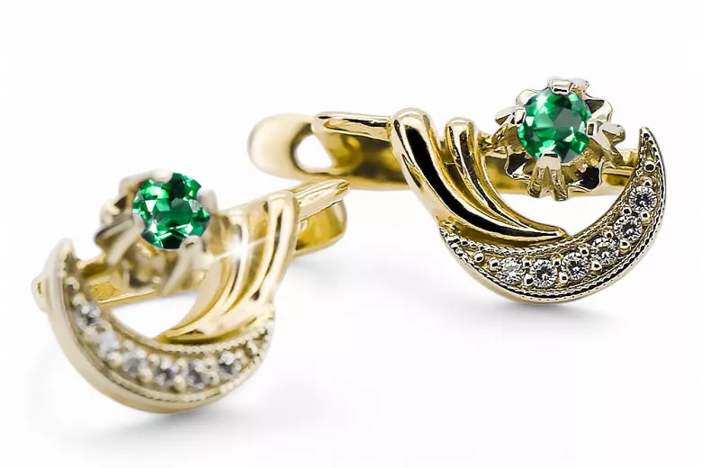 14k žltá biela zlato 585 Emerald náušnice VEC093YW-EM RUSKU SOVIETSSR VNÚTNÍKA VINTAGE STYLE ART Deco štýl