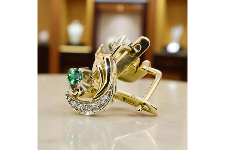 14k geltonas baltas auksas 585 Emerald auskarai VEC093YW-EM rusų sovietinis SSRS Vintage Style Art Deco stilius