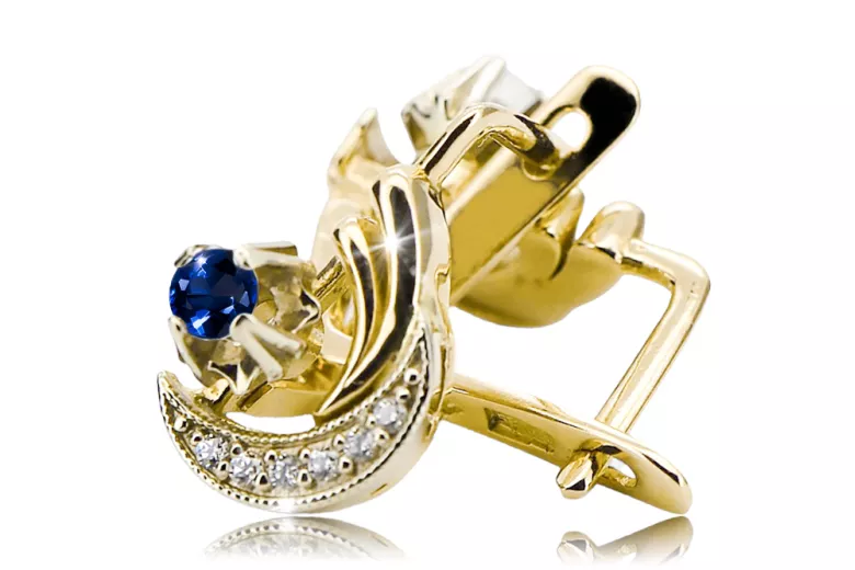 14K žluté bílé zlato 585 Sapphire náušnice VEC093YW-SP Ruský sovětský SSSR Vintage Craft Art Deco Style
