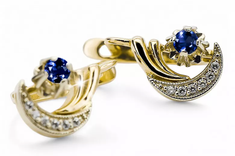 14k žlté biele zlato 585 zafírové náušnice vec093YW-SP Russian Soviet ZSSR Vintage Craft Art Deco Style