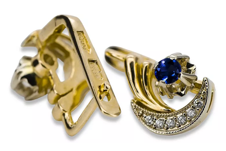 14K žluté bílé zlato 585 Sapphire náušnice VEC093YW-SP Ruský sovětský SSSR Vintage Craft Art Deco Style