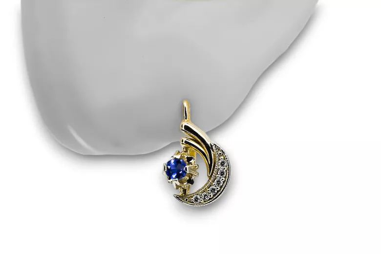 14k geltona balta aukso 585 sapphire auskarai VEC093YW-SP Rusijos sovietinis SSRS derliaus amatų meno deco stilius