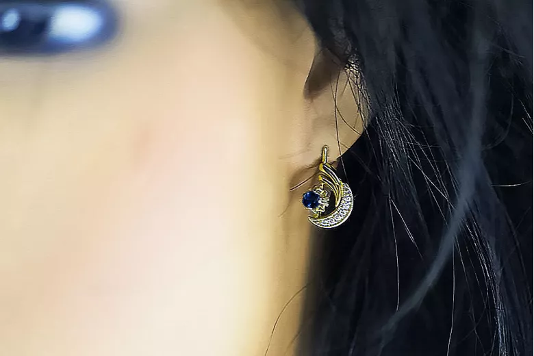 14K Yellow White Gold 585 Sapphire earrings vec093yw-sp Russian Soviet USSR Vintage craft Art Deco style