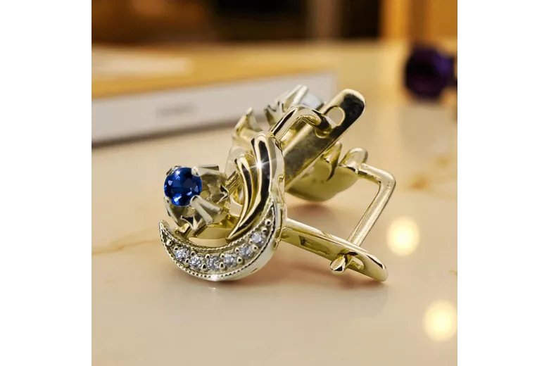 14k geltona balta aukso 585 sapphire auskarai VEC093YW-SP Rusijos sovietinis SSRS derliaus amatų meno deco stilius