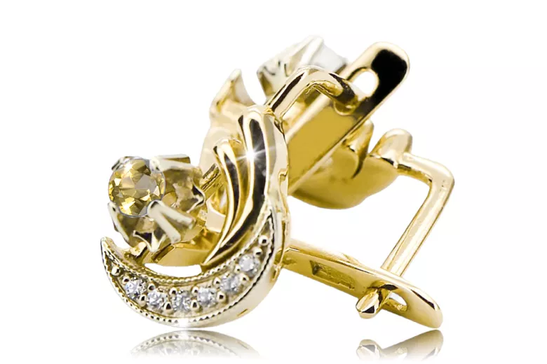 14k Amarillo Blanco Oro 585 Pendientes de peridot amarillo VEC093YW-YP RUSA RUSA SOVIET USSS Joyería de la vendimia Art Deco Sty