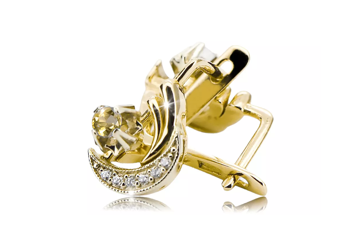 14K Yellow White Gold 585 Yellow Peridot earrings vec093yw-yp Russian Soviet USSR Vintage Jewelry Art Deco style