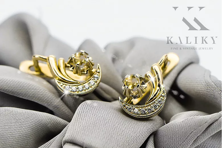 14k geltonas baltas auksas 585 geltona peridot auskarai VEC093YW-YP Rusijos sovietinis SSRS Vintage Juvelyrika Art Deco stilius