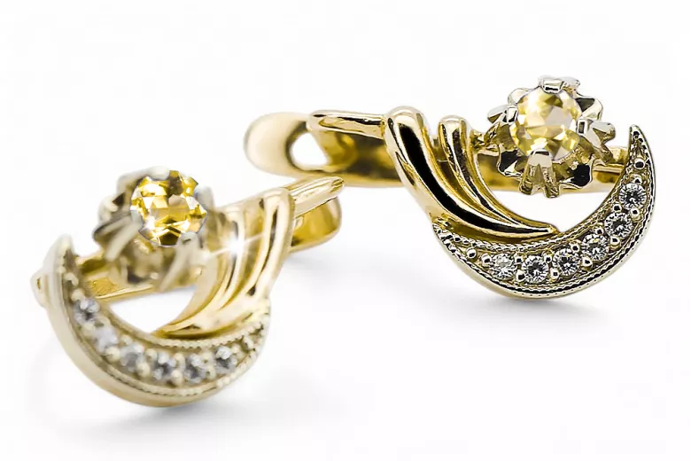 14 Karat Gelb Weißgold 585 Gelbe Peridot-Ohrringe Vec093Yw-yp Russischer Sowjet-UdSSR-Vintage-Schmuck-Art-Deko-Stil