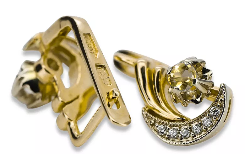 14k Amarillo Blanco Oro 585 Pendientes de peridot amarillo VEC093YW-YP RUSA RUSA SOVIET USSS Joyería de la vendimia Art Deco Sty