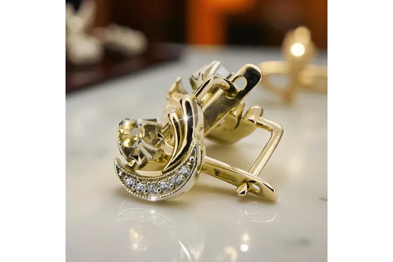 14k Gol galben alb 585 Cercei galbene peridot VEC093YW-YP Russ Sovietic Ussr bijuterii de epocă Art Deco Style