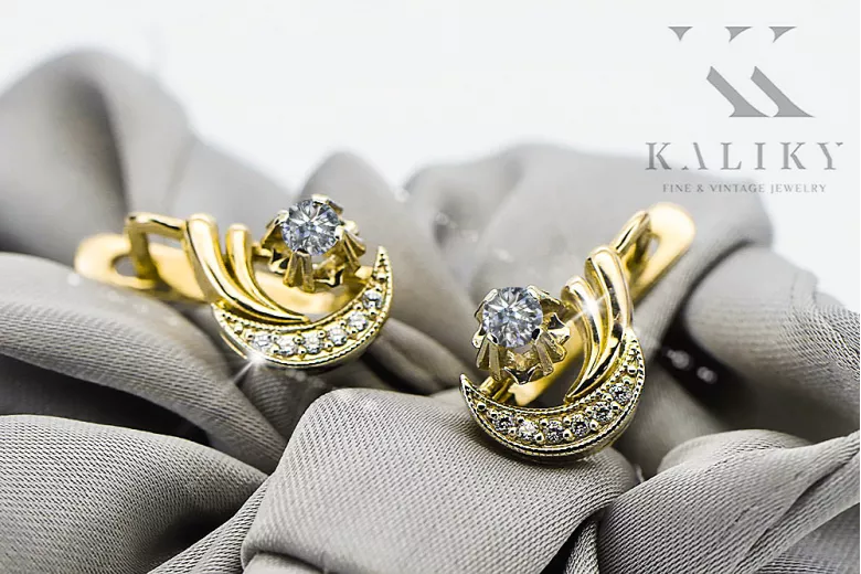 14k Amarillo blanco Oro 585 Pendientes de circón VEC093YW-ZI RUSA SOVIET USSS Vintage Artesanía Art Deco Style