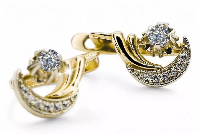 14 Karat Gelb Weißgold 585 Zirkon Ohrringe Vec093YW-Zi Russischer Sowjet UdSSR Vintage Craft Art Deco Style