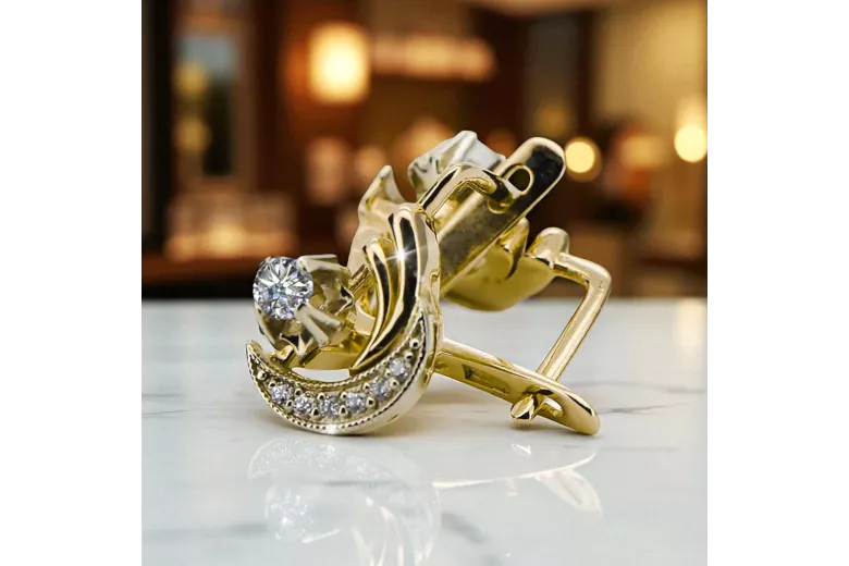 14k žlutá bílá zlato 585 Zirkon náušnice Vec093yw-Zi Ruský sovětský SSSR Vintage Craft Art Deco Style