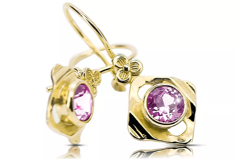 14 كارت من الذهب الأصفر 585 Amethyst أقراط vec017y-am روسي سوفيتي الاتحاد السوفيتي حرف يدوية فينتاج آرت ديكو style Art Deco