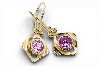 Oro amarillo de 14 quilates 585 Amethyst pendientes vec017y-am Ruso Soviético URSS Vintage Art Deco style