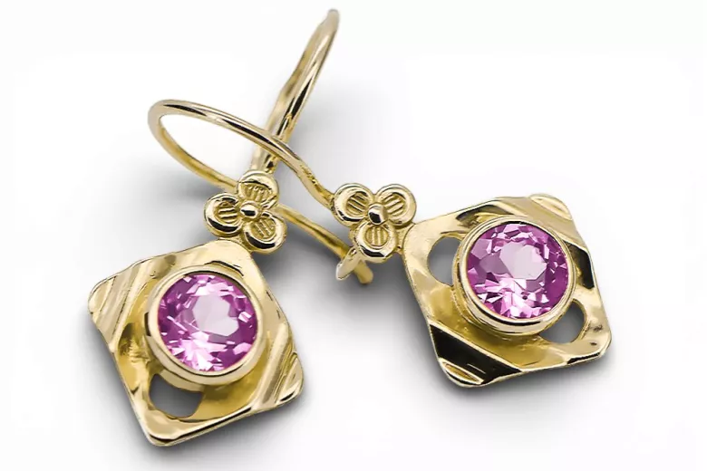 14 كارت من الذهب الأصفر 585 Amethyst أقراط vec017y-am روسي سوفيتي الاتحاد السوفيتي حرف يدوية فينتاج آرت ديكو style Art Deco