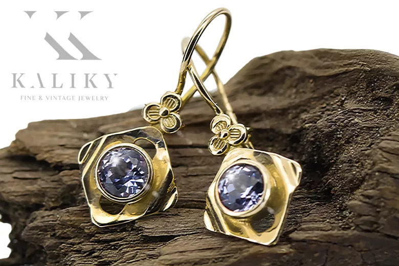14k κίτρινο χρυσό 585 Alexandrite Σκουλαρίκια vec017y-ax Russian Soviet USSR Vintage Art Deco style