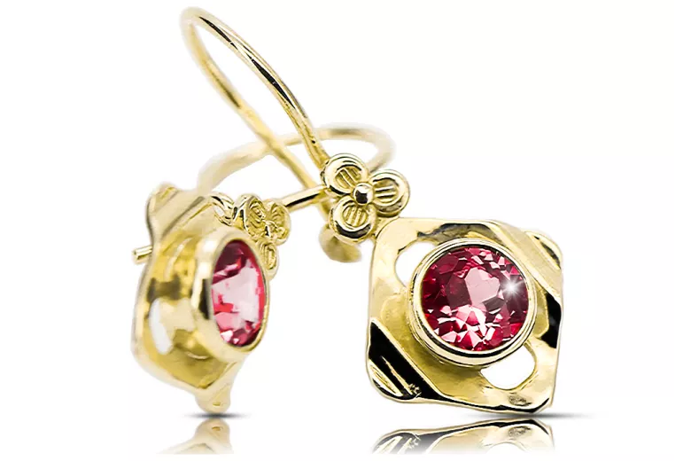 14K жълто злато 585 Ruby Обеци vec017y-rb Руски Съветски СССР Винтидж Ар-деко style Art Deco