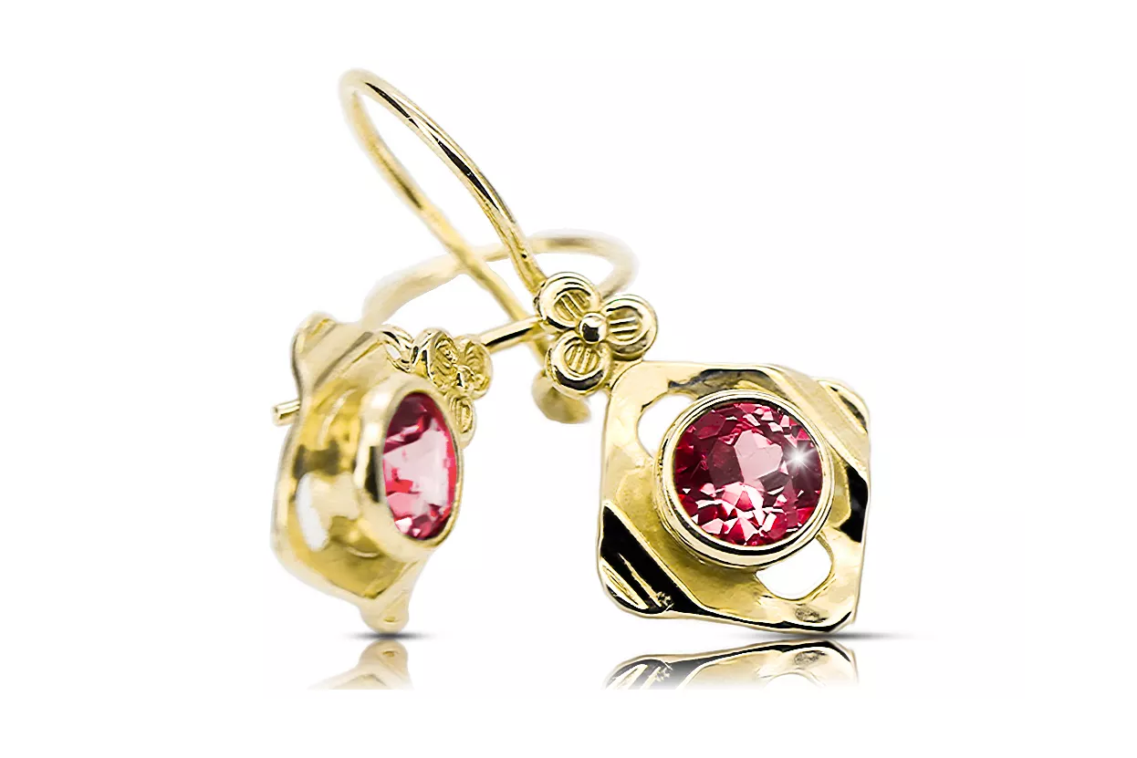 Or jaune 14 carats 585 Ruby des boucles d'oreilles vec017y-rb Russe Soviétique URSS Bijoux vintage Art Deco style