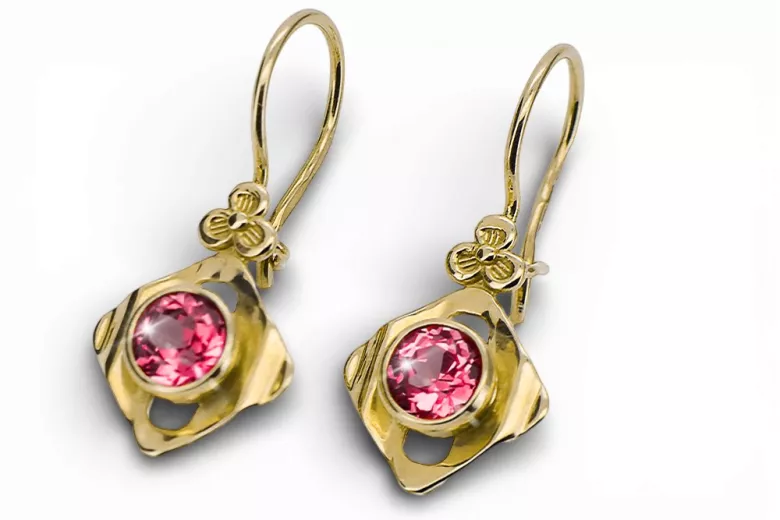 14 كارت من الذهب الأصفر 585 Ruby أقراط vec017y-rb روسي سوفيتي الاتحاد السوفيتي مجوهرات فينتاج آرت ديكو style Art Deco
