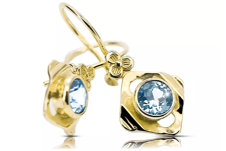 14K жълто злато 585 Aquamarine Обеци vec017y-aq Руски Съветски СССР Винтидж крафт Ар-деко style Art Deco