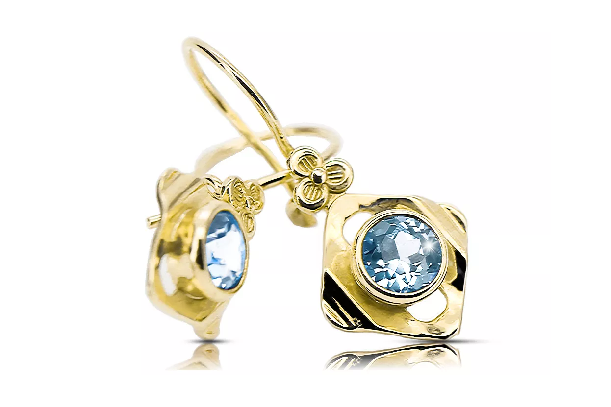Yellow 14k gold 585 Aquamarine earrings vec017y-aq Russian Soviet USSR Vintage Art Deco style