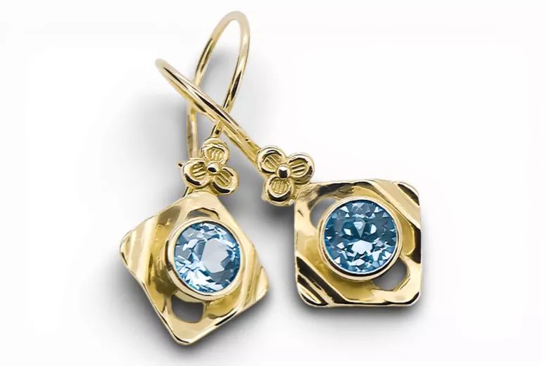 14k žlté zlato 585 Aquamarine náušnice vec017y-aq Russian Soviet USSR Vintage Art Deco style