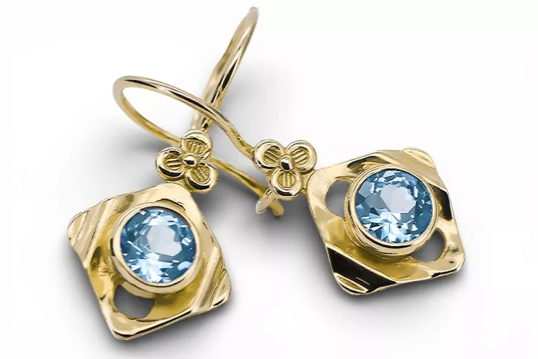 14k žluté zlato 585 Aquamarine náušnice vec017y-aq Russian Soviet USSR Vintage style Art Deco style