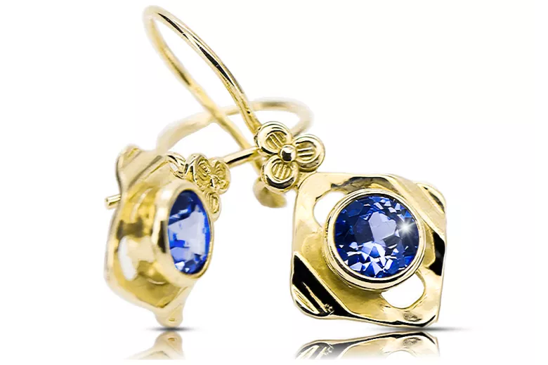 Oro amarillo de 14 quilates 585 Sapphire pendientes vec017y-sp Ruso Soviético URSS Joyería vintage Art Deco style