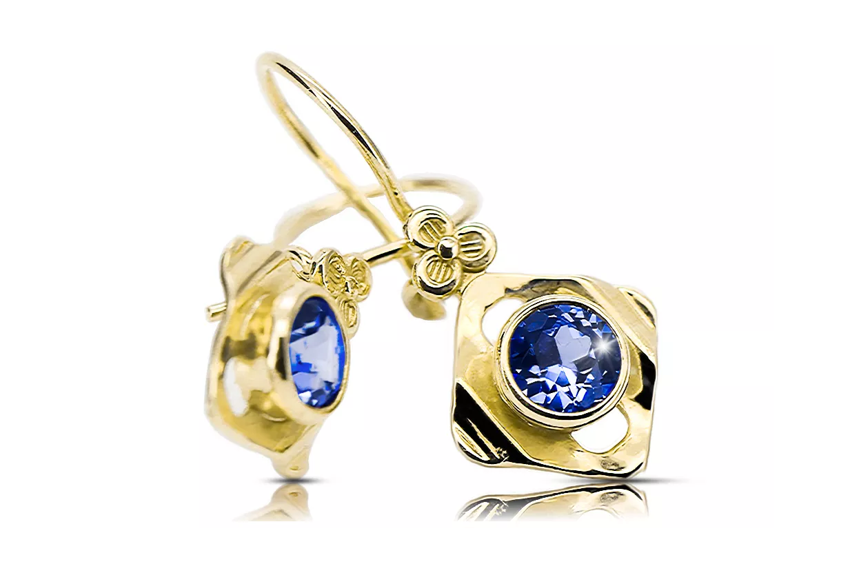14K жълто злато 585 Sapphire Обеци vec017y-sp Руски Съветски СССР Винтидж стил Ар-деко style Art Deco