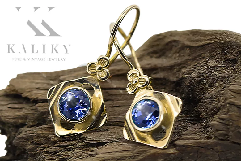 Yellow 14k gold 585 Sapphire earrings vec017y-sp Russian Soviet USSR Vintage Art Deco style