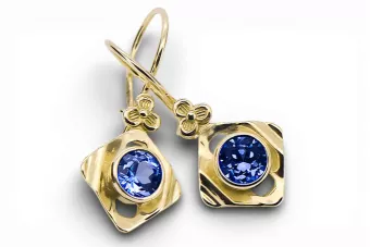 14 كارت من الذهب الأصفر 585 Sapphire أقراط vec017y-sp روسي سوفيتي الاتحاد السوفيتي حرف يدوية فينتاج آرت ديكو style Art Deco