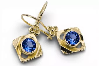 14К жовте золото 585 Sapphire Сережки vec017y-sp Російський Радянський СРСР Вінтаж стиль Ар-деко style Art Deco