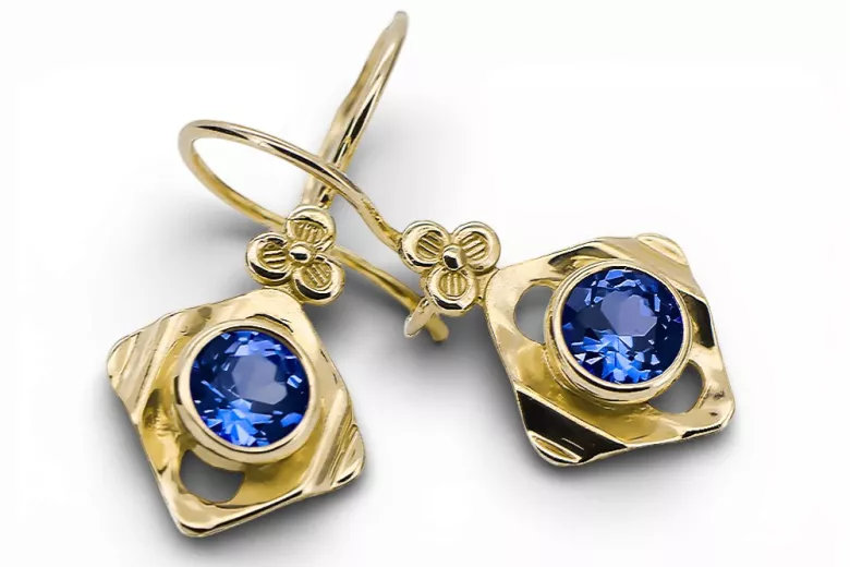 Oro amarillo de 14 quilates 585 Sapphire pendientes vec017y-sp Ruso Soviético URSS Joyería vintage Art Deco style