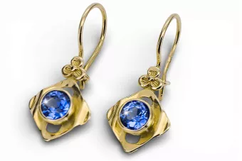 14K жълто злато 585 Sapphire Обеци vec017y-sp Руски Съветски СССР Винтидж стил Ар-деко style Art Deco