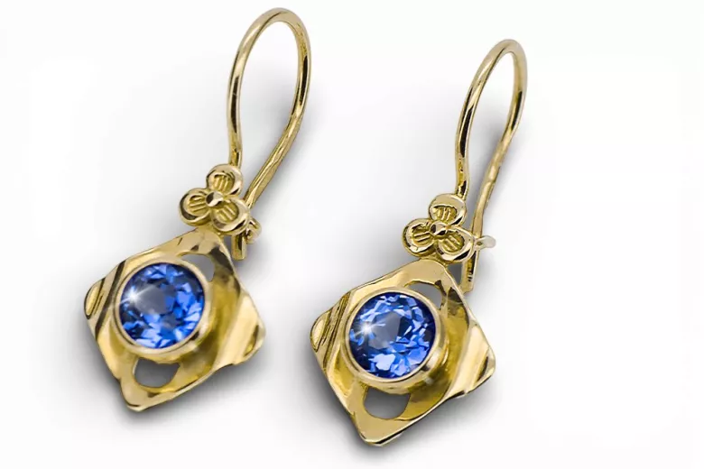 Yellow 14k gold 585 Sapphire earrings vec017y-sp Russian Soviet USSR Vintage Art Deco style