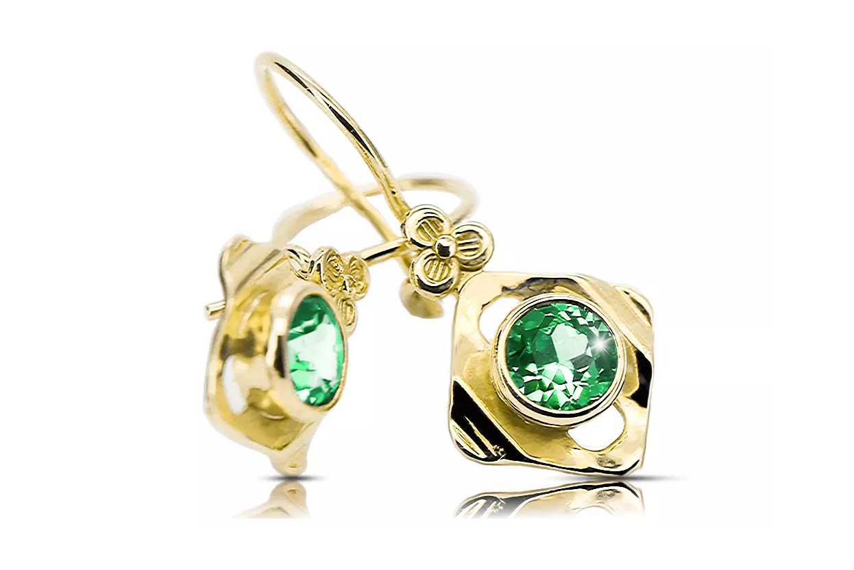 14 كارت من الذهب الأصفر 585 Emerald أقراط vec017y-em روسي سوفيتي الاتحاد السوفيتي حرف يدوية فينتاج آرت ديكو style Art Deco